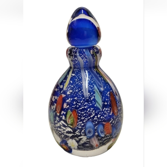 Vintage - Murano Other - Murano Art Glass Perfume Bottle Cobalt Blue Silver Flecks Large Millefiori Vtg